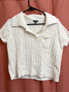 Cable Knit Short Sleeve Polo Sweater - Ivory